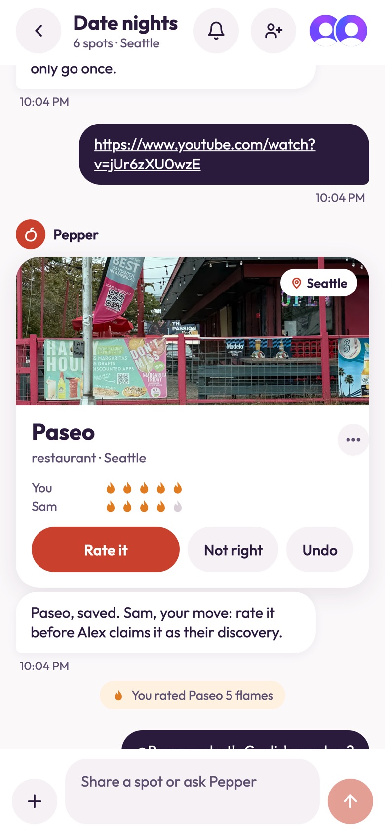 A YouTube link posted in the list’s chat, and the Paseo card Pepper saved from it